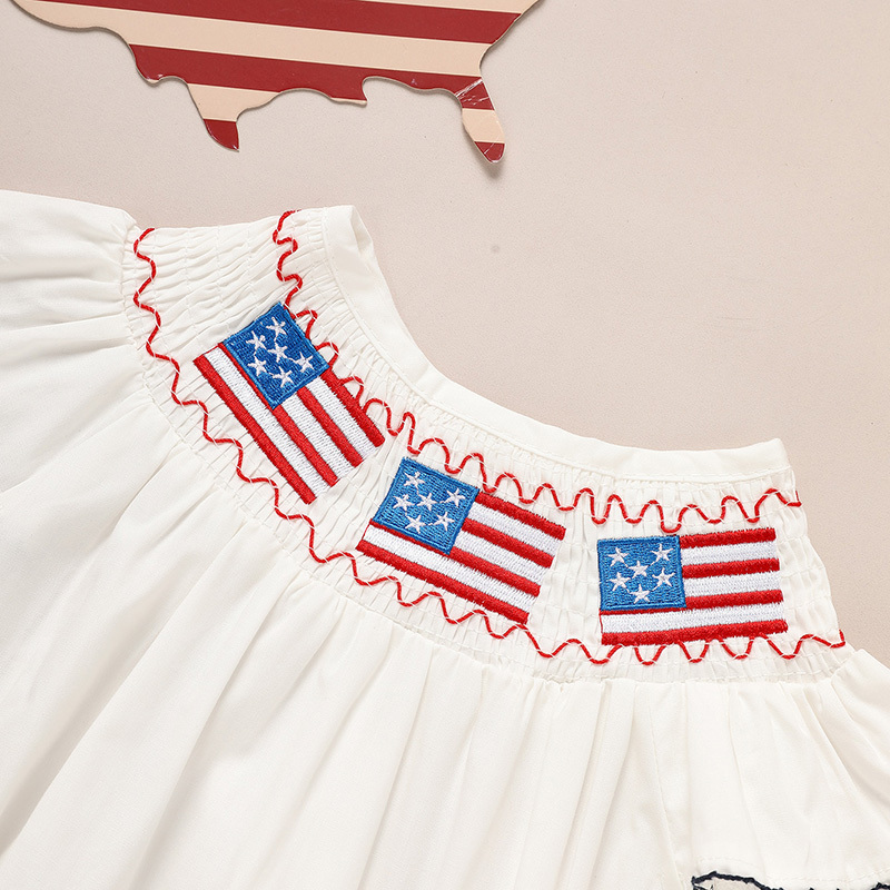 Baby Girl 4th July Bubble Romper Smocked Fly Sleeve Bodysuit American Flag Embroidery - Image 7