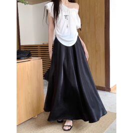 Womens Casual All-match Acetate Satin Draped Solid Skirt
