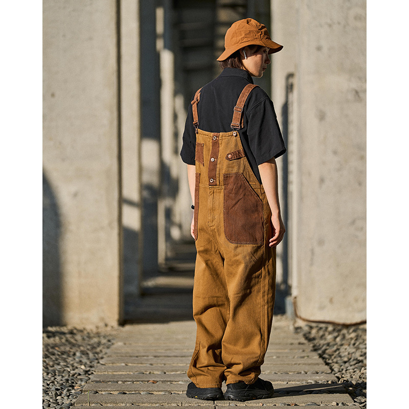 Loose Trendy Mens Retro Khaki Suspender Overalls Dungarees - Image 2