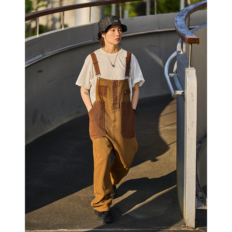 Loose Trendy Mens Retro Khaki Suspender Overalls Dungarees - Image 6