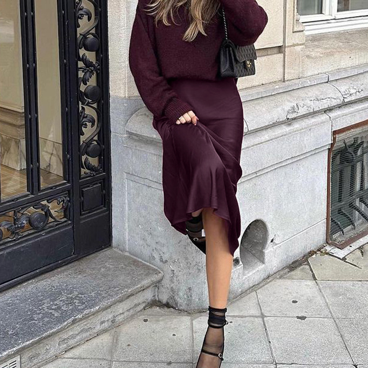 Women Fashion Pure Color Minimal Versatile High Waist Long Skirt - Image 4
