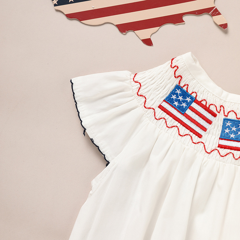 Baby Girl 4th July Bubble Romper Smocked Fly Sleeve Bodysuit American Flag Embroidery - Image 8