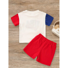 Infant Baby Boy 4th July Outfit Set USA Letter Print Color Block T-Shirt Shorts Independence Day Celebration