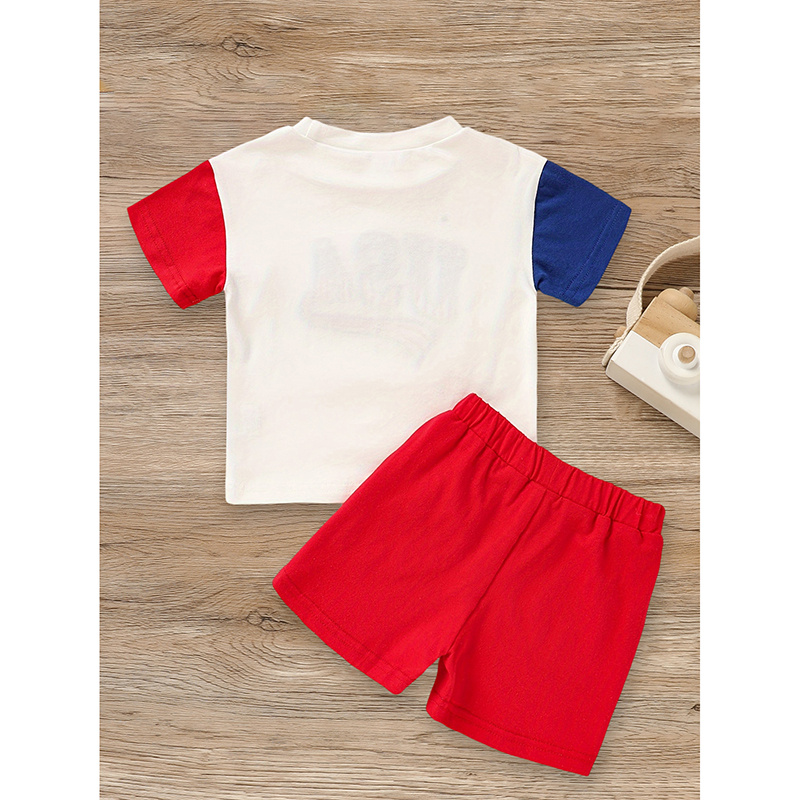 Infant Baby Boy 4th July Outfit Set USA Letter Print Color Block T-Shirt Shorts Independence Day Celebration - Image 2