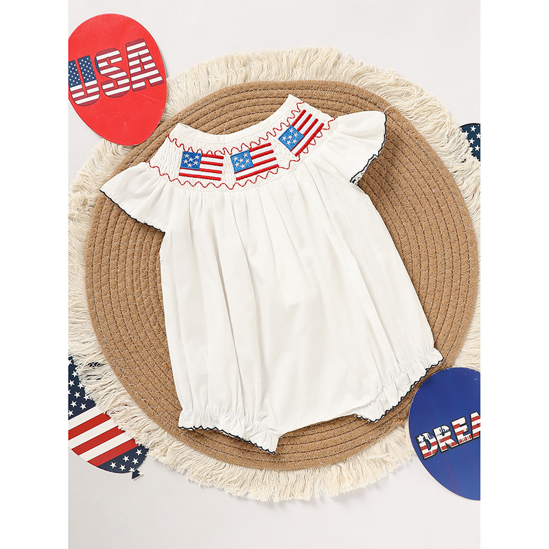 Baby Girl 4th July Bubble Romper Smocked Fly Sleeve Bodysuit American Flag Embroidery - Image 6