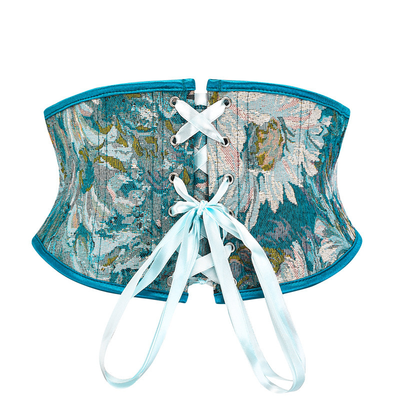 Blue Chrysanthemum Oil Painting Printed Lace Up Body Sculpting Girdle - Image 5