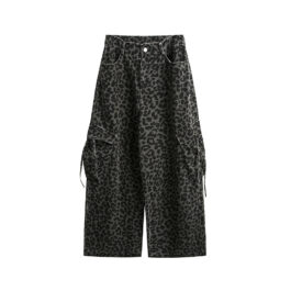 Vintage Leopard Print Wide Leg Mens Pants Washed Old Large Pocket Overalls