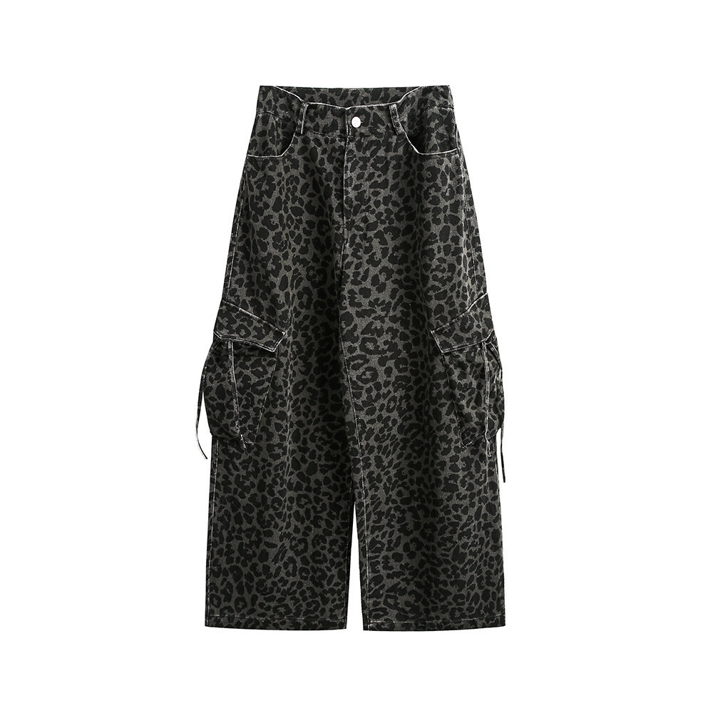 Vintage Leopard Print Wide Leg Mens Pants Washed Old Large Pocket Overalls - Image 5