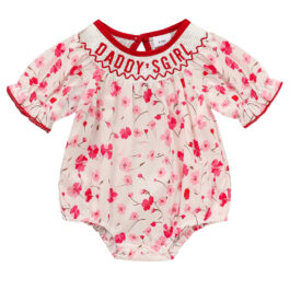 Infant Girl Floral Smocked Romper ‘DADDY’S Girl’ Embroidery Short Sleeve Crew Neck Adorable Princess Party Bodysuit