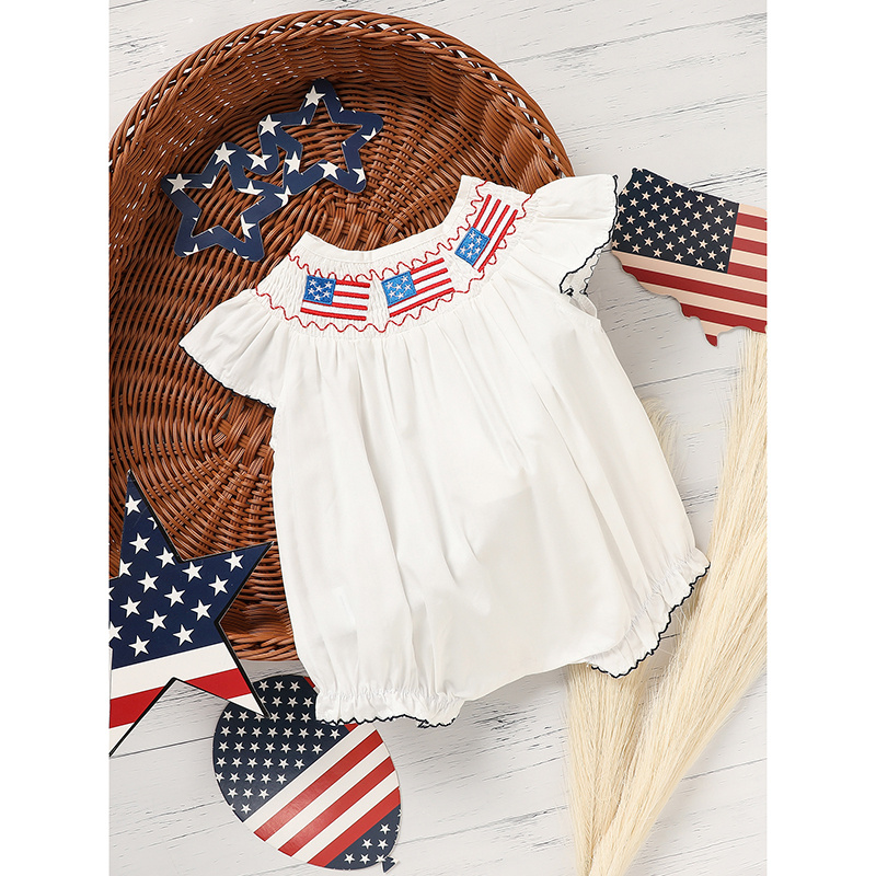 Baby Girl 4th July Bubble Romper Smocked Fly Sleeve Bodysuit American Flag Embroidery - Image 9