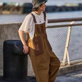 Loose Trendy Mens Retro Khaki Suspender Overalls Dungarees