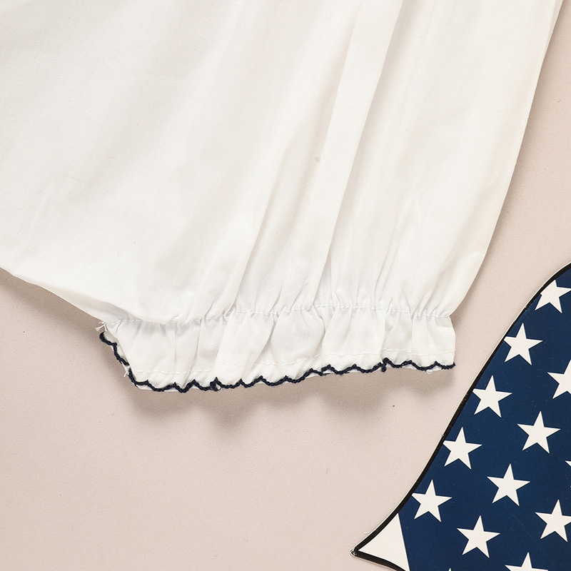 Baby Girl 4th July Bubble Romper Smocked Fly Sleeve Bodysuit American Flag Embroidery - Image 5