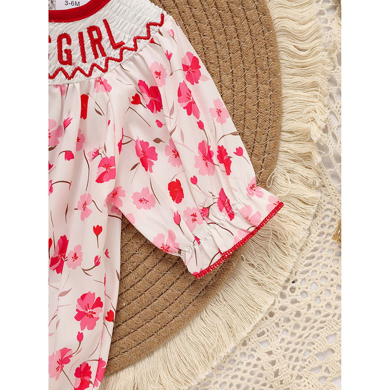 Infant Girl Floral Smocked Romper 'DADDY'S Girl' Embroidery Short Sleeve Crew Neck Adorable Princess Party Bodysuit - Image 8