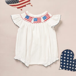 Baby Girl 4th July Bubble Romper Smocked Fly Sleeve Bodysuit American Flag Embroidery