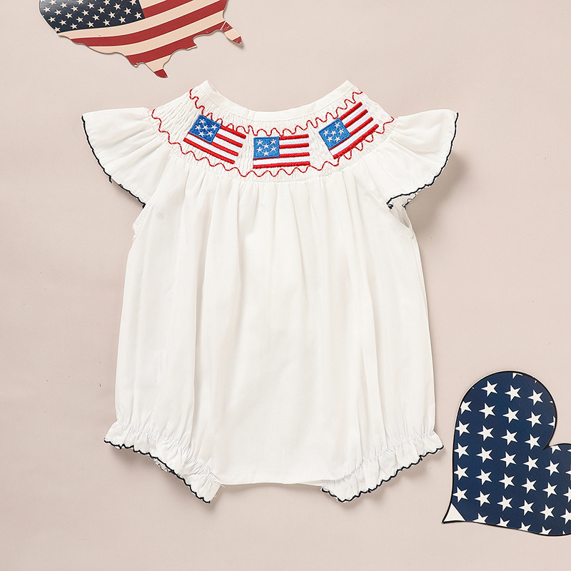 Baby Girl 4th July Bubble Romper Smocked Fly Sleeve Bodysuit American Flag Embroidery