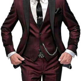 Mens Black Lapel Collar Blocked Three Piece Suit Set