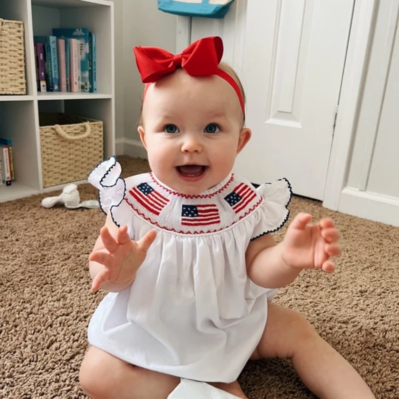 Baby Girl 4th July Bubble Romper Smocked Fly Sleeve Bodysuit American Flag Embroidery - Image 3