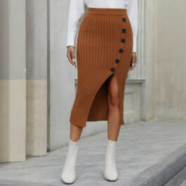 Women Casual Elegant Button Knitted Slit Commuter Ladies Skirt