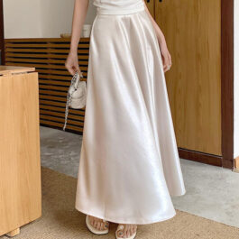 Womens Casual All-match Acetate Satin Draped Solid Skirt