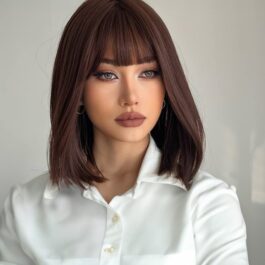 Shoulder Length Layered Wigs Bangs Black Mix Brown Mid Length Wavy Natural Black Heat Resistant Synthetic Hair Replacement Wigs