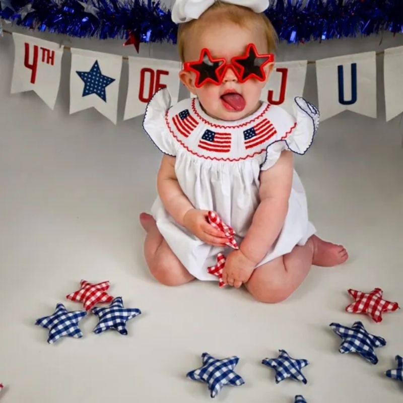 Baby Girl 4th July Bubble Romper Smocked Fly Sleeve Bodysuit American Flag Embroidery - Image 2