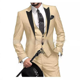 Mens Black Lapel Collar Blocked Three Piece Suit Set