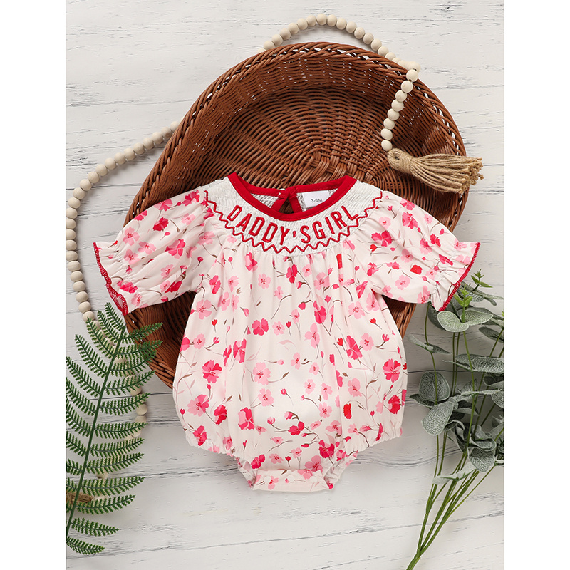 Infant Girl Floral Smocked Romper 'DADDY'S Girl' Embroidery Short Sleeve Crew Neck Adorable Princess Party Bodysuit - Image 7