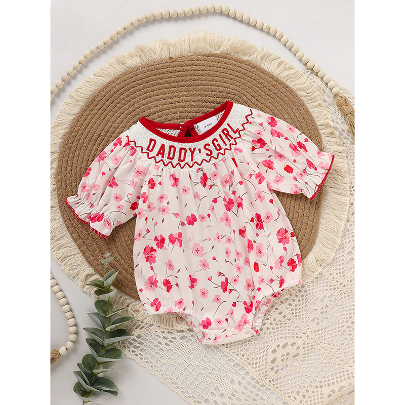 Infant Girl Floral Smocked Romper 'DADDY'S Girl' Embroidery Short Sleeve Crew Neck Adorable Princess Party Bodysuit - Image 9