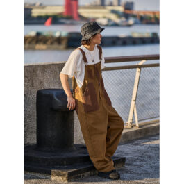 Loose Trendy Mens Retro Khaki Suspender Overalls Dungarees