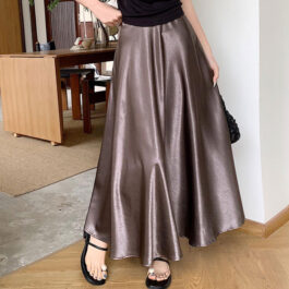 Womens Casual All-match Acetate Satin Draped Solid Skirt