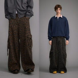 Vintage Leopard Print Wide Leg Mens Pants Washed Old Large Pocket Overalls