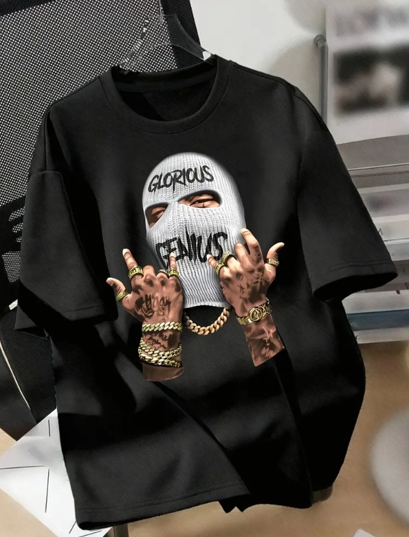 Mens Printed Casual Fashionable Round Neck Black T-Shirt - Image 2