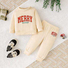 Baby Girl 2 Pieces Christmas Outfits MERRY Christmas Letter Print Round Neck Long Sleeve Sweatshirt Pants Set