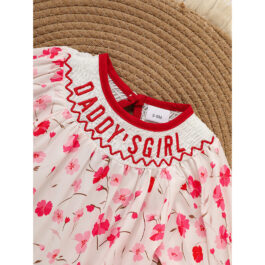 Infant Girl Floral Smocked Romper ‘DADDY’S Girl’ Embroidery Short Sleeve Crew Neck Adorable Princess Party Bodysuit