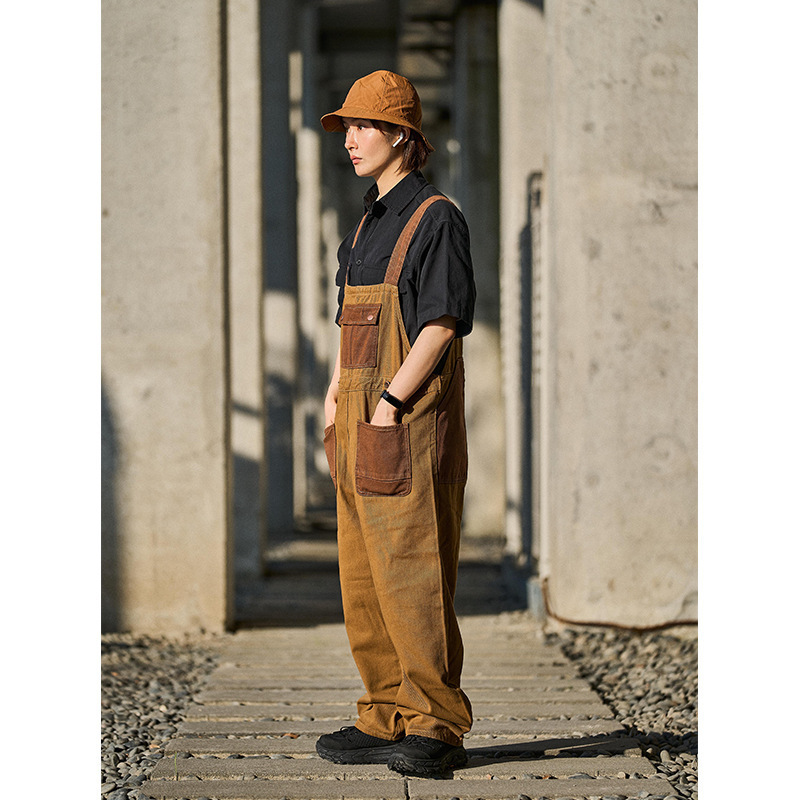 Loose Trendy Mens Retro Khaki Suspender Overalls Dungarees - Image 4
