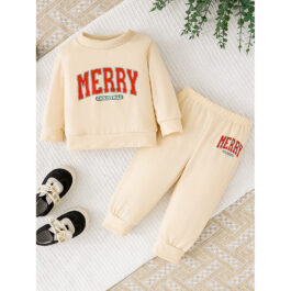 Baby Girl 2 Pieces Christmas Outfits MERRY Christmas Letter Print Round Neck Long Sleeve Sweatshirt Pants Set
