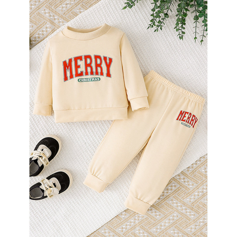 Baby Girl 2 Pieces Christmas Outfits MERRY Christmas Letter Print Round Neck Long Sleeve Sweatshirt Pants Set - Image 2