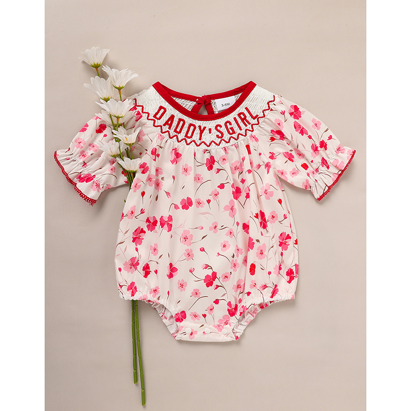 Infant Girl Floral Smocked Romper 'DADDY'S Girl' Embroidery Short Sleeve Crew Neck Adorable Princess Party Bodysuit - Image 6