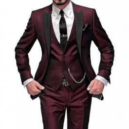 Mens Black Lapel Collar Blocked Three Piece Suit Set