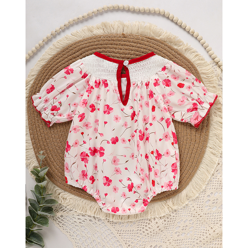Infant Girl Floral Smocked Romper 'DADDY'S Girl' Embroidery Short Sleeve Crew Neck Adorable Princess Party Bodysuit - Image 2