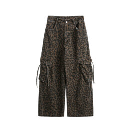 Vintage Leopard Print Wide Leg Mens Pants Washed Old Large Pocket Overalls