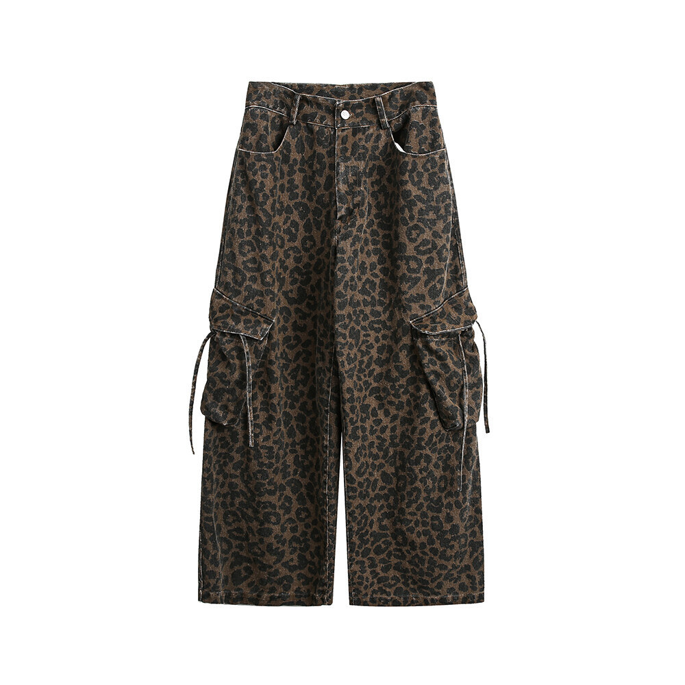 Vintage Leopard Print Wide Leg Mens Pants Washed Old Large Pocket Overalls - Image 2