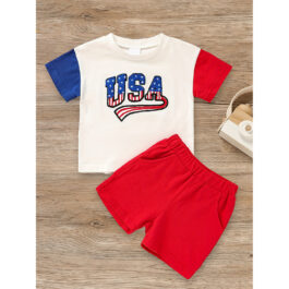Infant Baby Boy 4th July Outfit Set USA Letter Print Color Block T-Shirt Shorts Independence Day Celebration