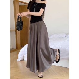 Womens Casual All-match Acetate Satin Draped Solid Skirt