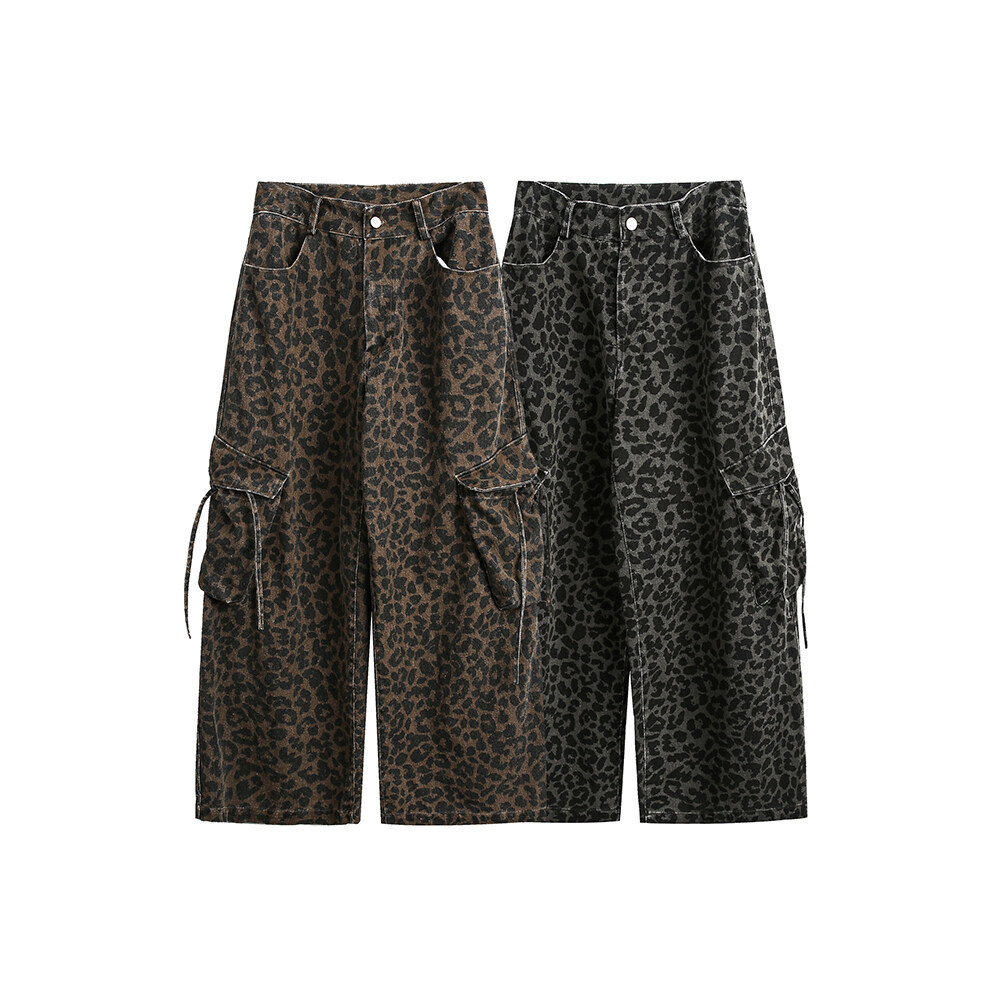 Vintage Leopard Print Wide Leg Mens Pants Washed Old Large Pocket Overalls - Image 7