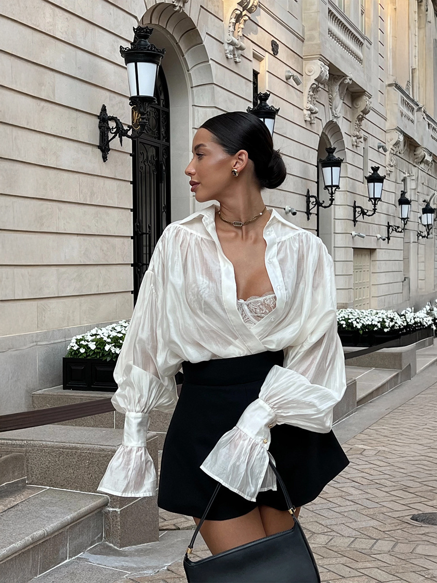 Ins French Lantern Sleeve Shirt Fashion Button Lapel Long Sleeved Tops Casual Women's Clothing - Image 10