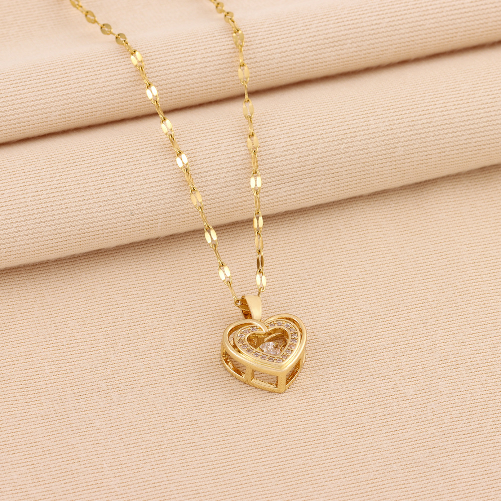 Double Layer Love Necklace With Rhinestones Titanium Steel Pendant Fashion Jewelry Woman Valentines Day Gift - Image 3