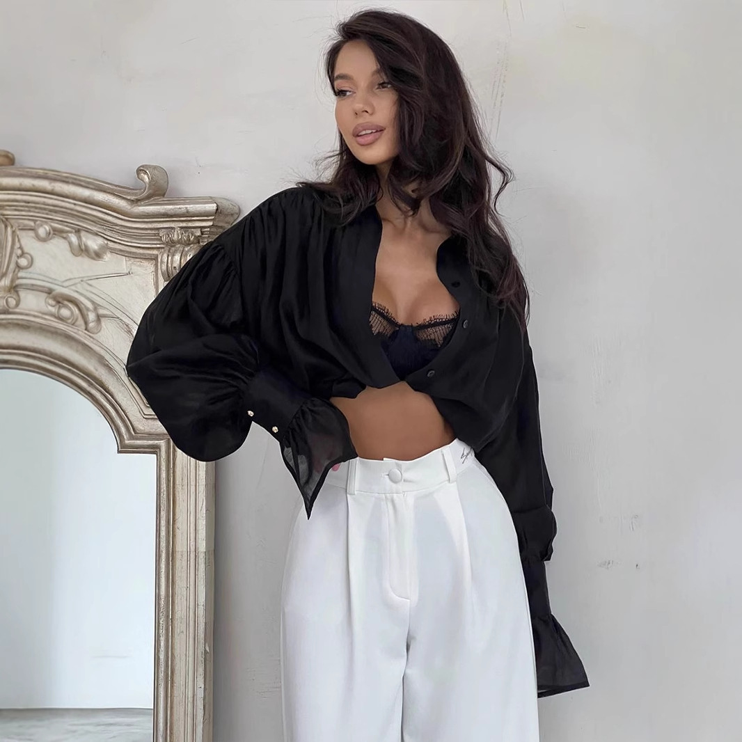 Ins French Lantern Sleeve Shirt Fashion Button Lapel Long Sleeved Tops Casual Women's Clothing - Image 2