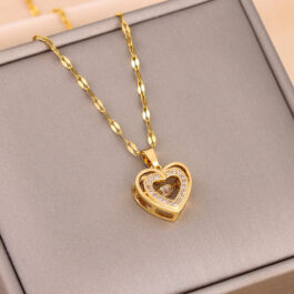 Double Layer Love Necklace With Rhinestones Titanium Steel Pendant Fashion Jewelry Woman Valentines Day Gift