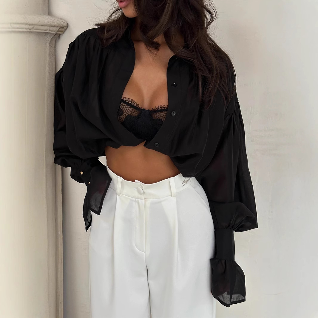 Ins French Lantern Sleeve Shirt Fashion Button Lapel Long Sleeved Tops Casual Women's Clothing - Image 9
